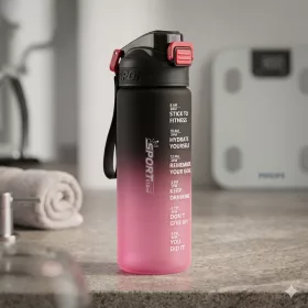   650 ml-es motivációs sport kulacs időjelöléssel és szívószállal – BPA-mentes ivópalack, pink-fekete