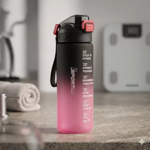 650 ml-es motivációs sport kulacs időjelöléssel és szívószállal – BPA-mentes ivópalack, pink-fekete