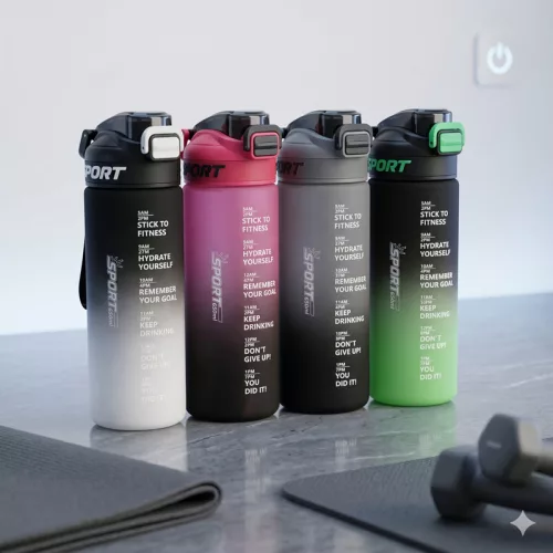 650 ml-es motivációs sport kulacs időjelöléssel és szívószállal – BPA-mentes ivópalack, szürke-fekete