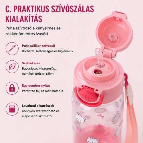 700 ml-es gyermek kulacs szívószállal és biztonsági kupakkal – BPA-mentes ivópalack, rózsaszín