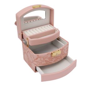   Virágmintás ékszerdoboz 3 fiókkal – kulccsal zárható, gyűrűtartós, tükrös – rózsaszín