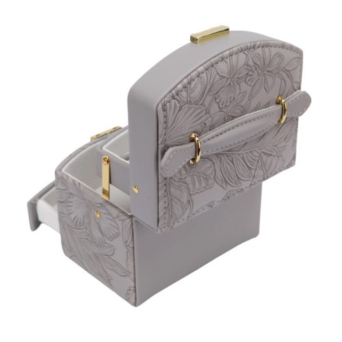 Virágmintás ékszerdoboz 3 fiókkal – kulccsal zárható, gyűrűtartós, tükrös – szürke