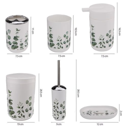 6 részes fürdőszoba szett – fehér alapon zöld leveles mintával, modern stílus