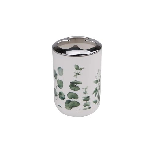 6 részes fürdőszoba szett – fehér alapon zöld leveles mintával, modern stílus