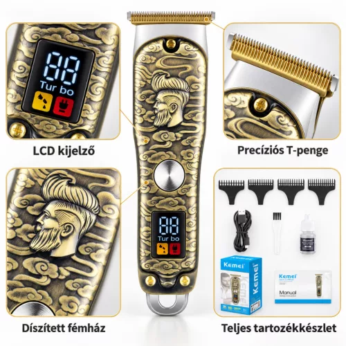 Kemei KM-077 professzionális haj- és szakállvágó – T-pengével, LCD kijelzővel