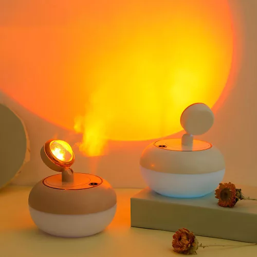 Naplemente hatású aromaterápiás ultrahangos párásító – 300 ml rózsaszín LED fényvetítős diffúzor