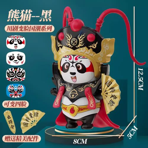 Arcváltó panda figura – Szecsuáni kínai táncbaba legyezővel és parancskártyával, 12 cm