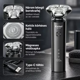   Kemei KM-T87 elektromos körkéses borotva – 3 lebegő fejjel, Type-C töltéssel
