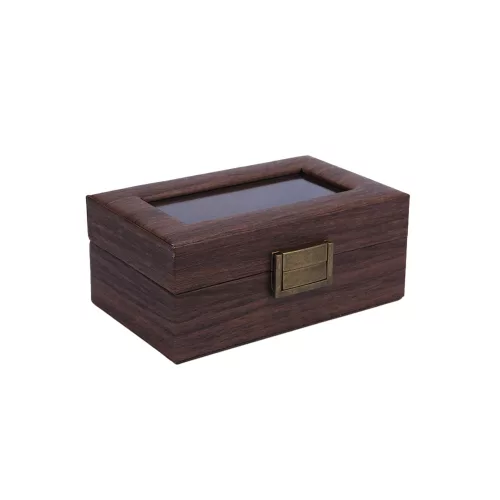 Barna, fa mintázatú, műanyag óratartó, üveges fedlapos elegáns doboz - 19 x 11,5 x 8 cm