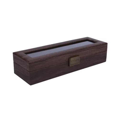 Fa mintázatú barna óra- vagy karkötőtartó üveges műanyag tartódoboz 34 cm 10 cm x 12 cm
