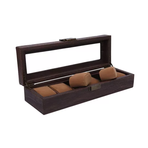 Fa mintázatú barna óra- vagy karkötőtartó üveges műanyag tartódoboz 34 cm 10 cm x 12 cm