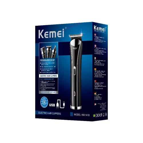 Kemei KM-1418 3 az 1-ben férfi hajvágó és trimmelő készlet – USB újratölthető, csendes működés, többféle fejjel