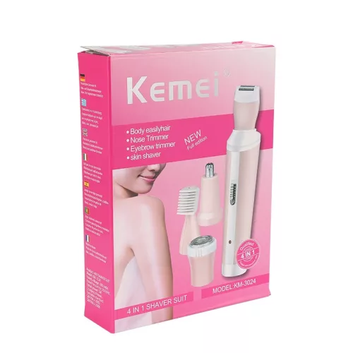 Kemei KM-3024 4 az 1-ben női szőrtelenítő készülék – orrszőr-, szemöldök-, testszőr- és arctisztító fejjel, USB-ről tölthető