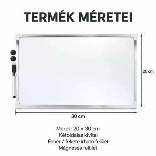 Kétoldalas mágneses írótábla 20×30 cm – fehér/fekete felület, alumínium kerettel