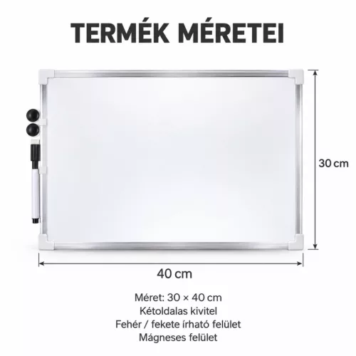 Kétoldalas mágneses írótábla 30×40 cm – fehér/fekete felület, alumínium kerettel