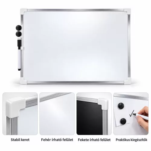 Kétoldalas mágneses írótábla 30×40 cm – fehér/fekete felület, alumínium kerettel