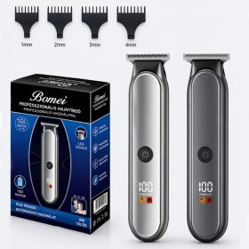   Bomei BM -028 professzionális hajvágó gép – vezeték nélküli trimmer LCD kijelzővel, ezüst kivitel