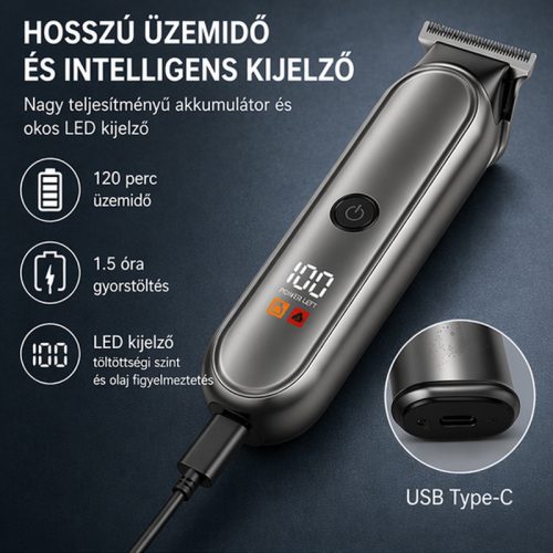 Bomei BM-028 professzionális hajvágó gép – vezeték nélküli trimmer LCD kijelzővel, fekete