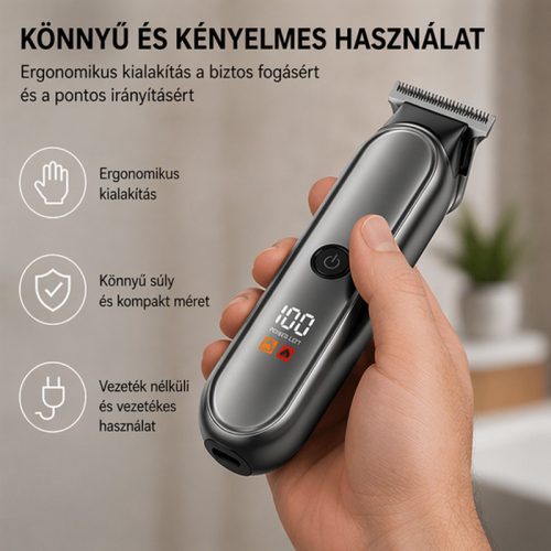 Bomei BM-028 professzionális hajvágó gép – vezeték nélküli trimmer LCD kijelzővel, fekete