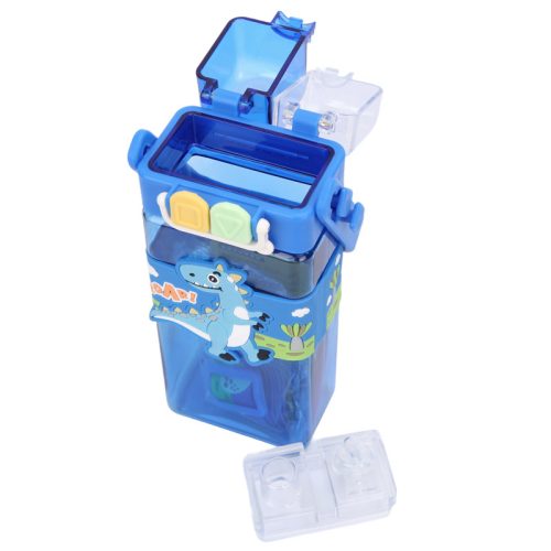 Téglalap alakú gyerek kulacs – kék dinoszauruszos, szilikon szívószálas, 0,75 L