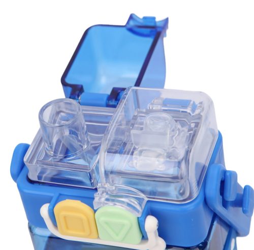 Téglalap alakú gyerek kulacs – kék dinoszauruszos, szilikon szívószálas, 0,75 L