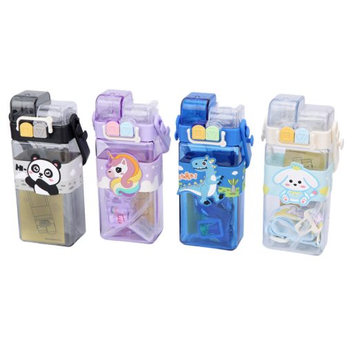 Téglalap alakú gyerek kulacs – fekete pandás, szilikon szívószálas, 0,75 L