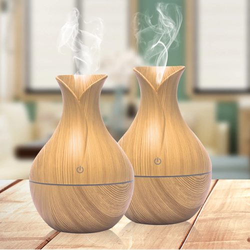 Aromaterápiás párásító 200 ml, Ultrahangos Fa hatású Aroma Diffúzor , 7 színű LED fénnyel Tulipán alakú - Világosbarna