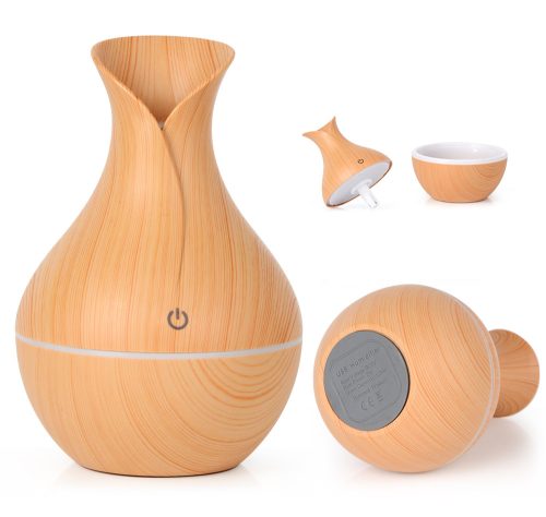 Aromaterápiás párásító 200 ml, Ultrahangos Fa hatású Aroma Diffúzor , 7 színű LED fénnyel Tulipán alakú - Világosbarna