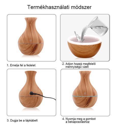 Aromaterápiás párásító 200 ml, Ultrahangos Fa hatású Aroma Diffúzor , 7 színű LED fénnyel Tulipán alakú - Világosbarna