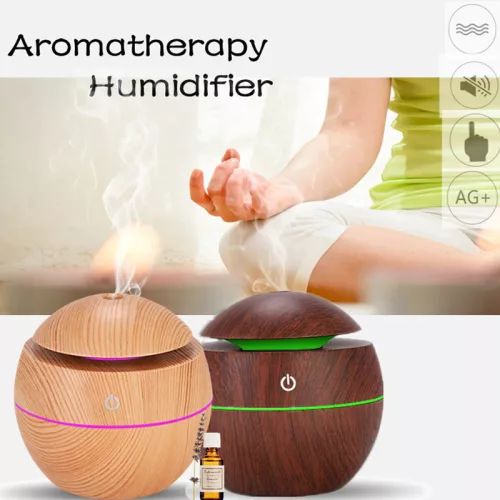 Aromaterápiás ultrahangos párásító – fa mintázatú illóolaj diffúzor LED világítással 130 ml sötétbarna