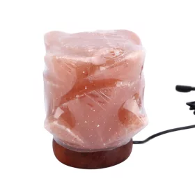   Himalájai sólámpa – 12 cm, természetes kristálysó kőlámpa fa talppal és USB kábellel, meleg hangulatfény