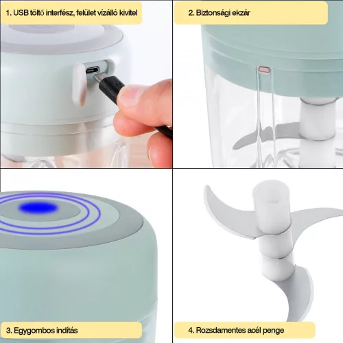 Mini USB tölthető elektromos fokhagyma és zöldségaprító 250ml - Kék