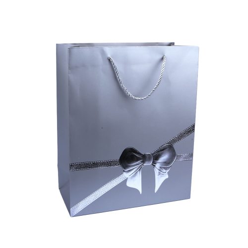 23 x 18 cm ajándék tasak (dísztasak) - ezüstszürke, ezüst színű masnival