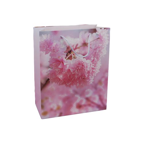 23 x 18 cm ajándék tasak (dísztasak) - rózsaszín virág csillogó díszítéssel