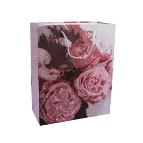   23 x 18 cm ajándék tasak (dísztasak) - rózsaszínű rózsák glitteres peremnél