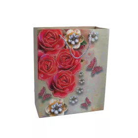   23 x 18 cm ajándék tasak (dísztasak) - rózsaszín rózsák glitteres szélű szirmokkal és rózsaszín lepkékkel