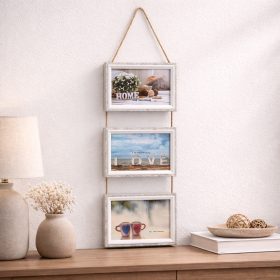   Szürke függeszthető többképes képkeret – 3 db 10 × 15 cm fotóhoz, köteles faliképkeret