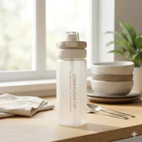   550 ml-es szívószálas sport kulacs – BPA-mentes ivópalack, fehér-bézs