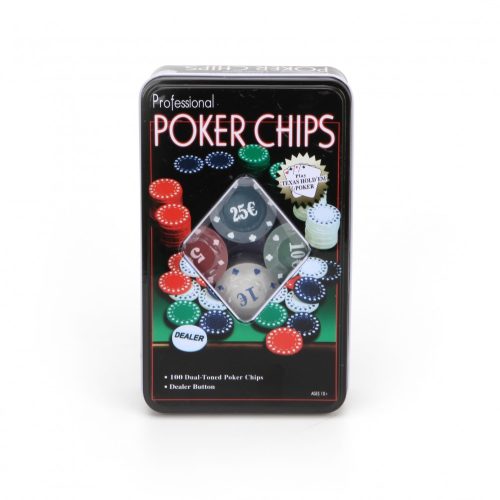 Profi póker zseton készlet 100 db – fémdobozos pókerkészlet értékjelzéssel és DEALER koronggal