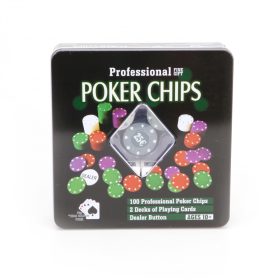   Profi póker szett fémdobozban – 100 db zseton, 2 pakli kártya és DEALER korong