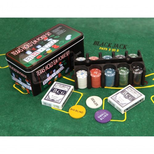 Texas Hold’em póker szett fémdobozban – 200 db zseton, 2 pakli kártya, pókerasztal filc és DEALER korong