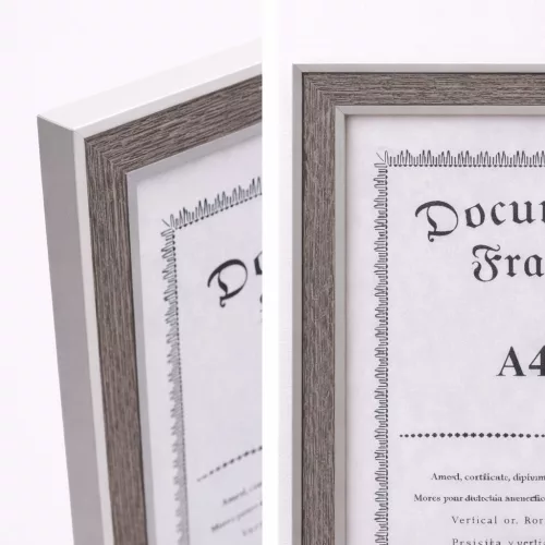 A4 méretű szürke képkeret – fa hatású dokumentum- és oklevélkeret, modern faliképkeret