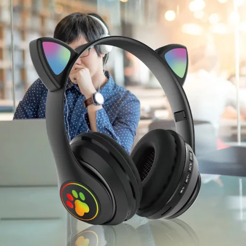 Macskafül, Színes ragyogás, Bluetooth 5.0 fülhallgató mikrofonnal, Fekete