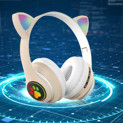 Macskafül, Színes ragyogás, Bluetooth 5.0 fülhallgató mikrofonnal, Khaki