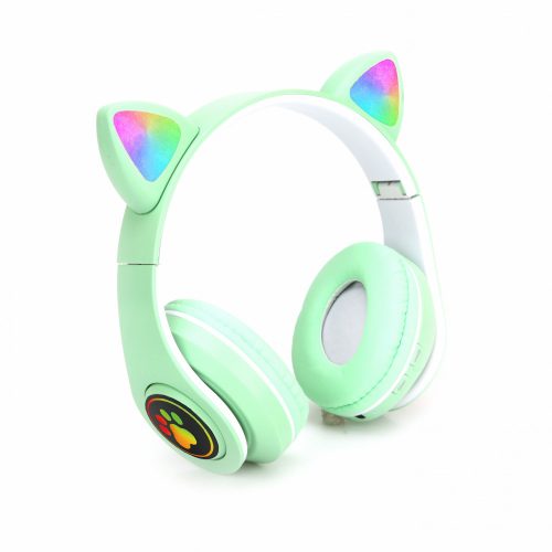 Macskafül, Színes ragyogás, Bluetooth 5.0 fülhallgató mikrofonnal, Zöld