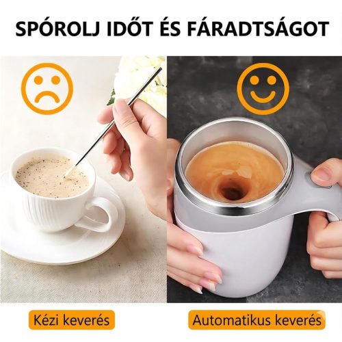 Automatikus Önkavaró Bögre 300 ml – Mágneses Keverő Pohár, Fehér–Szürke, Kávéhoz és Teához