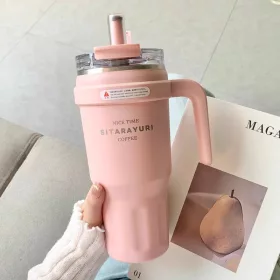   SITARAYURI Coffee thermo bögre szívószállal és füllel – 1 liter, rózsaszín