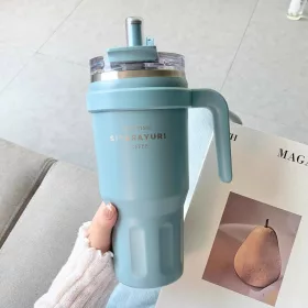   SITARAYURI Coffee thermo bögre szívószállal és füllel – 1 liter, türkiz