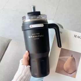   SITARAYURI Coffee thermo bögre szívószállal és füllel – 1 liter, fekete