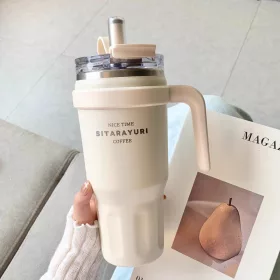   SITARAYURI Coffee thermo bögre szívószállal és füllel – 1 liter, krémszínű